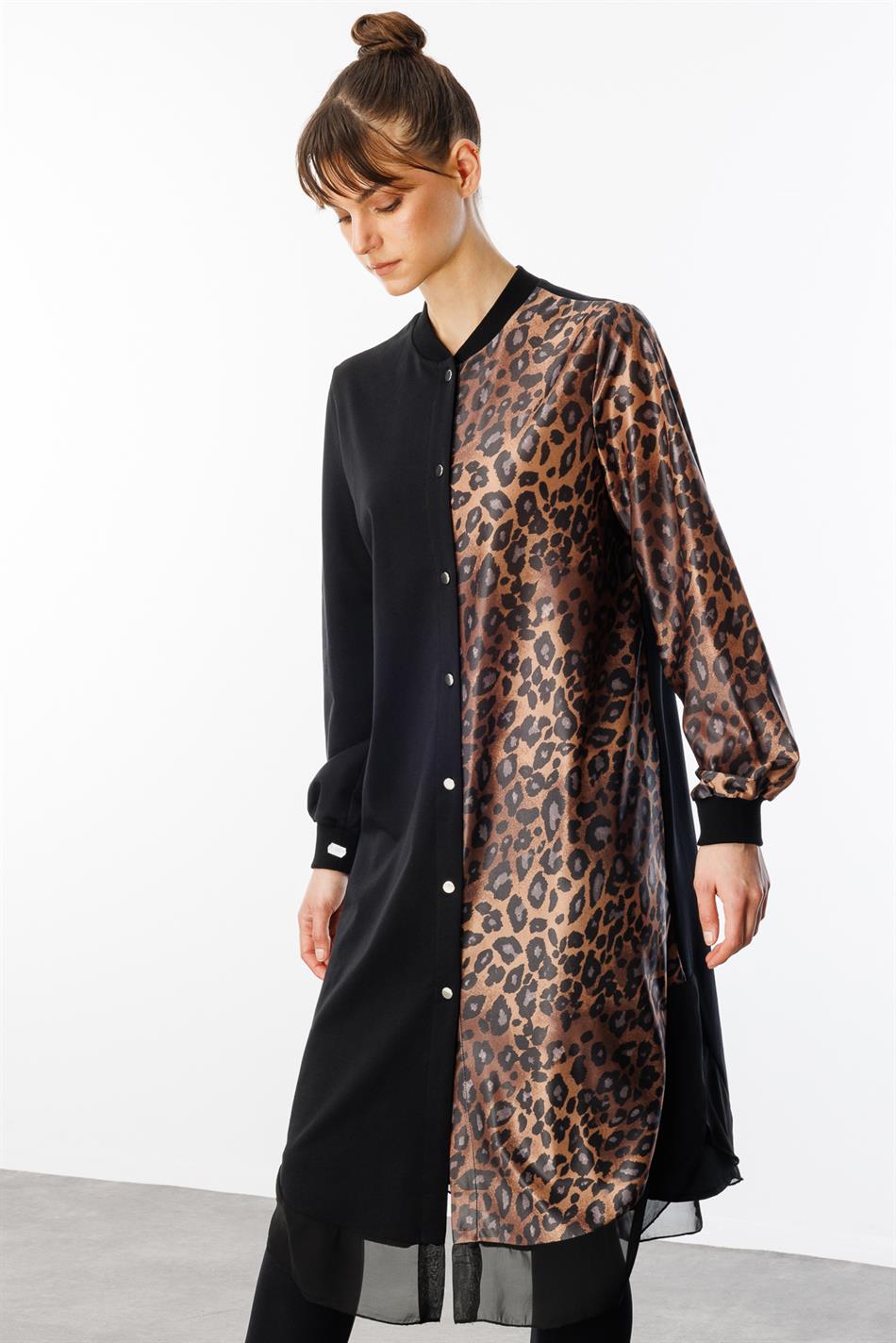 SR Leopard, Chiffon en Zijdemix Speciale Jas - Zwart