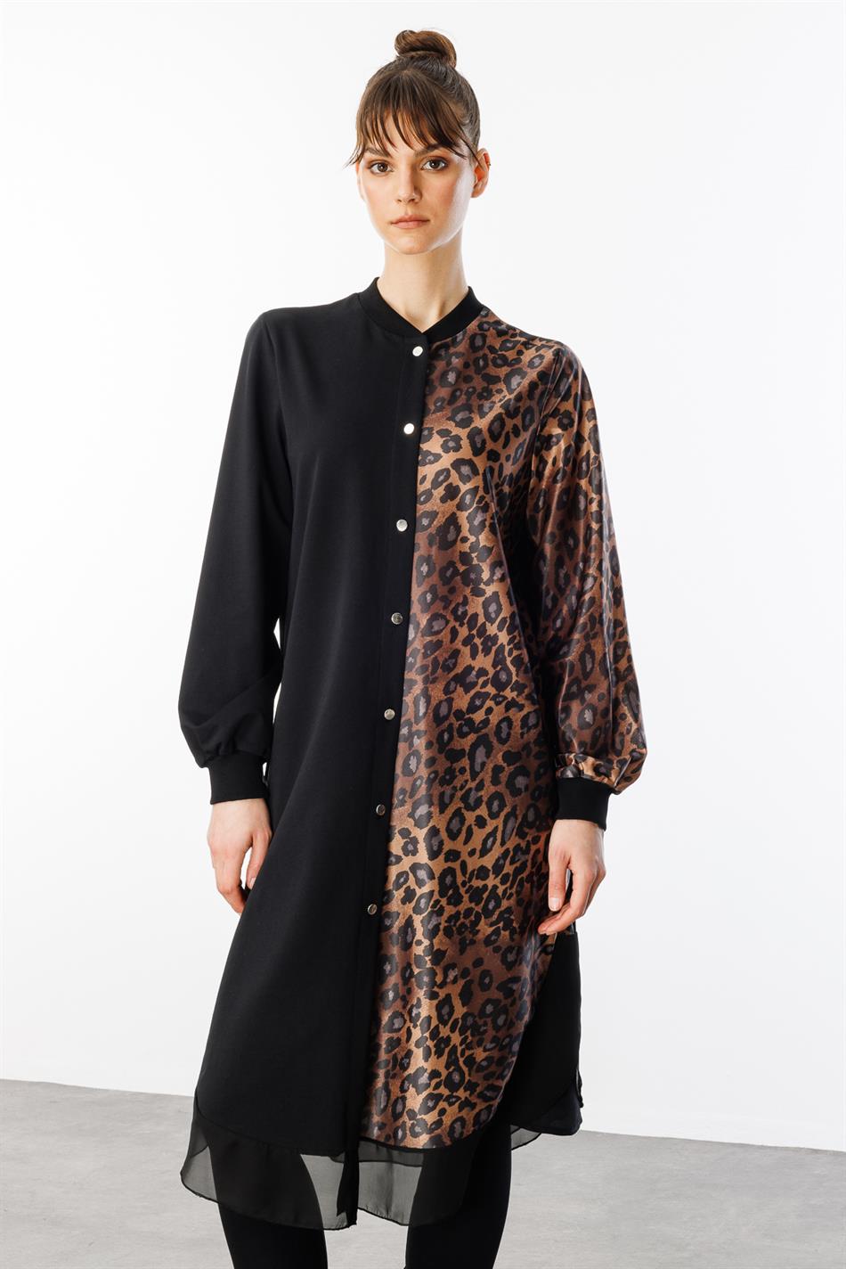 SR Leopard, Chiffon en Zijdemix Speciale Jas - Zwart