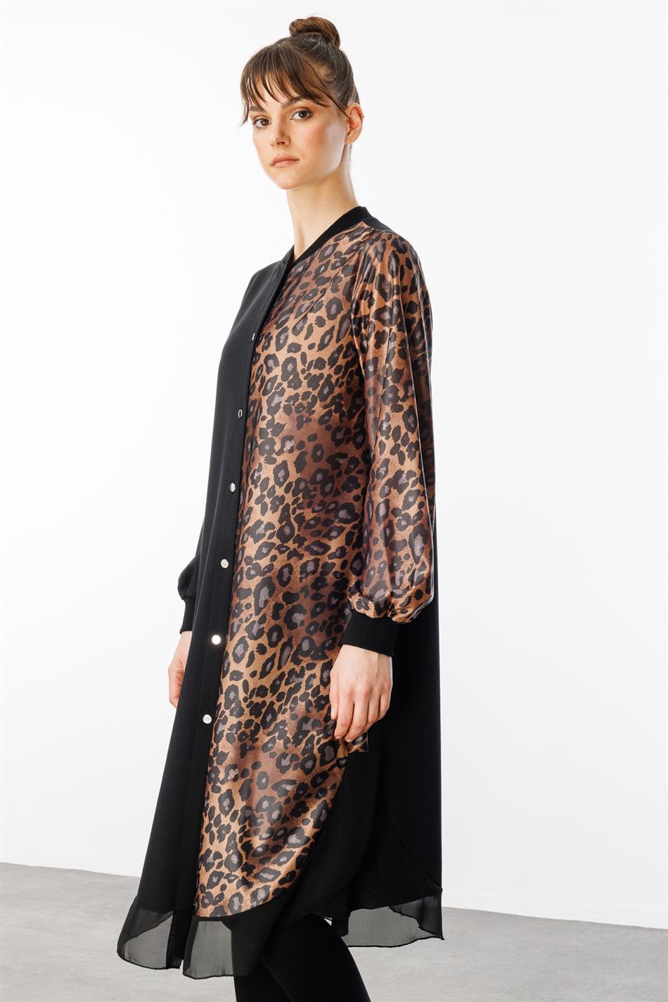 SR Leopard, Chiffon en Zijdemix Speciale Jas - Zwart