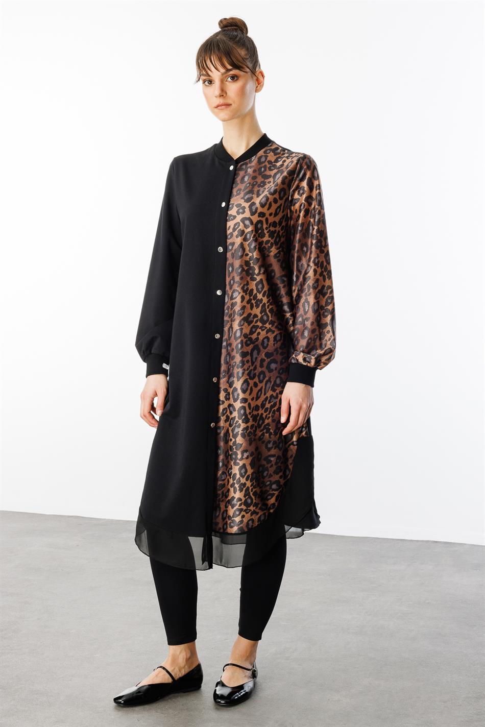 SR Leopard, Chiffon en Zijdemix Speciale Jas - Zwart