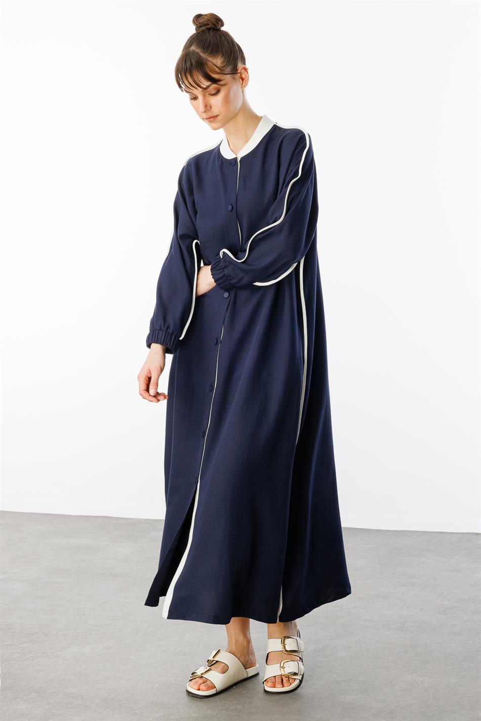 SS Contrast Trim Detail Ribbed Collar Sport Silk Texture Coat/Abayas - Navy
