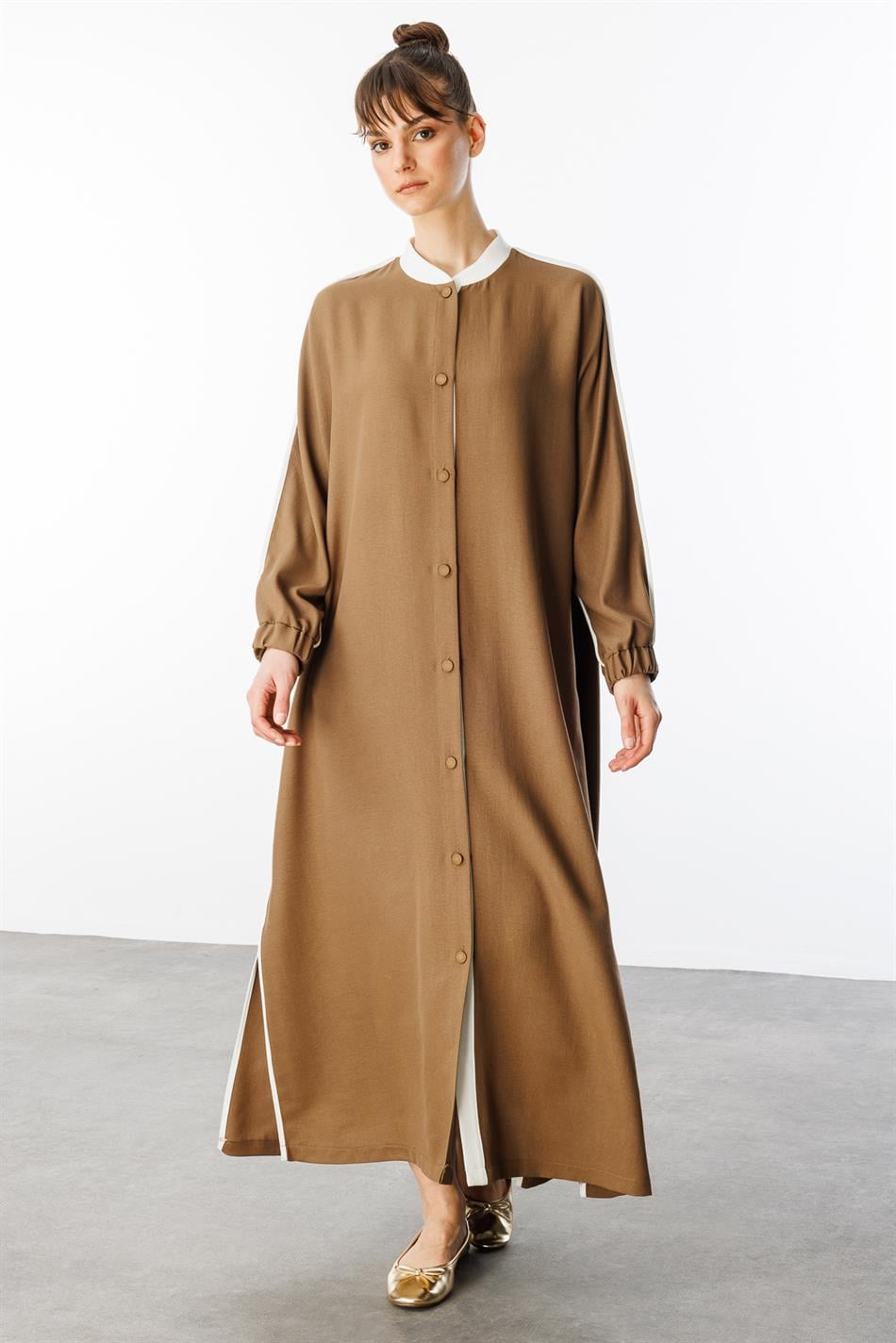 SS Contrast Trim Detail Ribbed Collar Sport Silk Texture Coat/Cafe - Mink