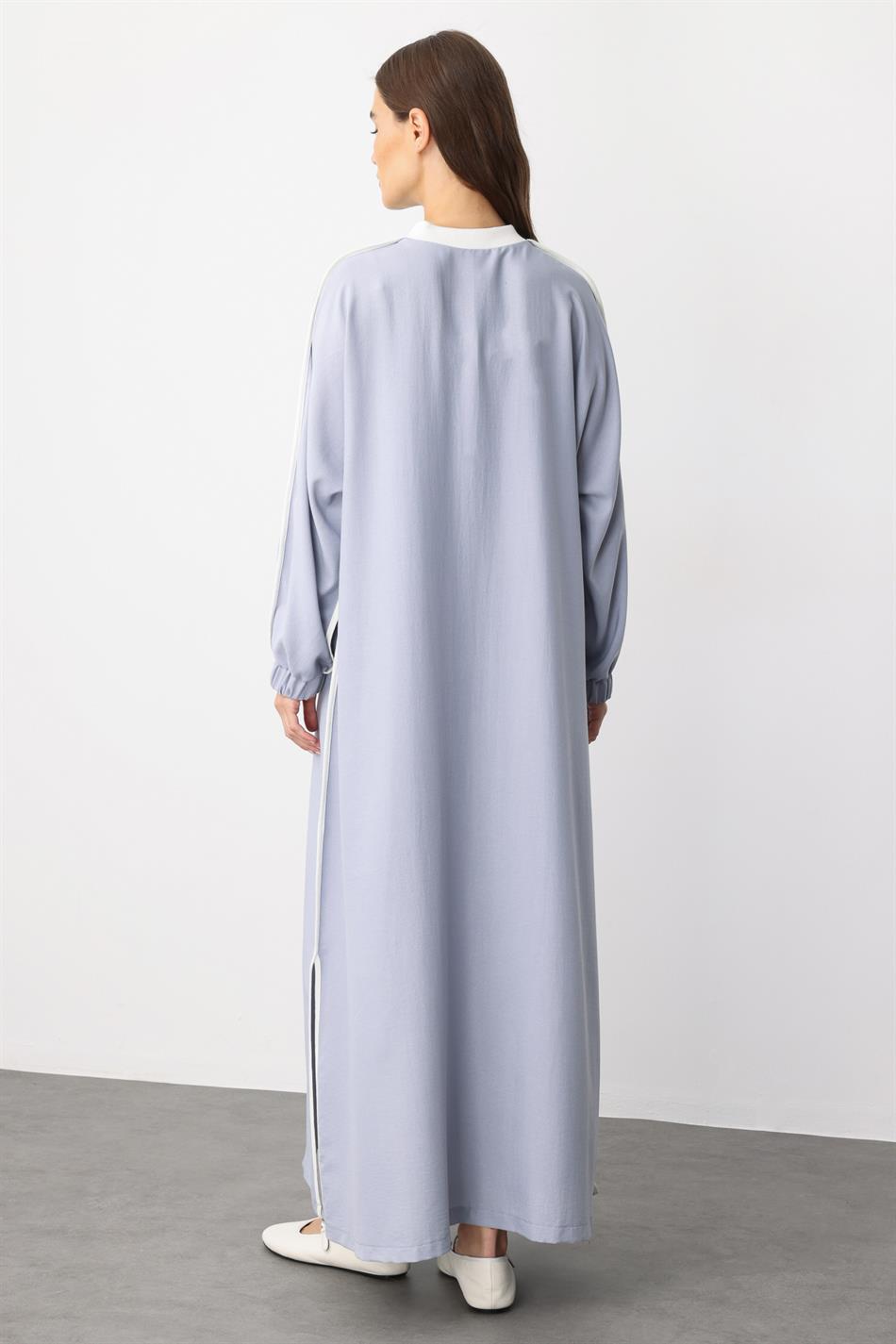 SS Contrast Trim Detail Ribbed Collar Sport Silk Texture Coat/Abayas - Grijs