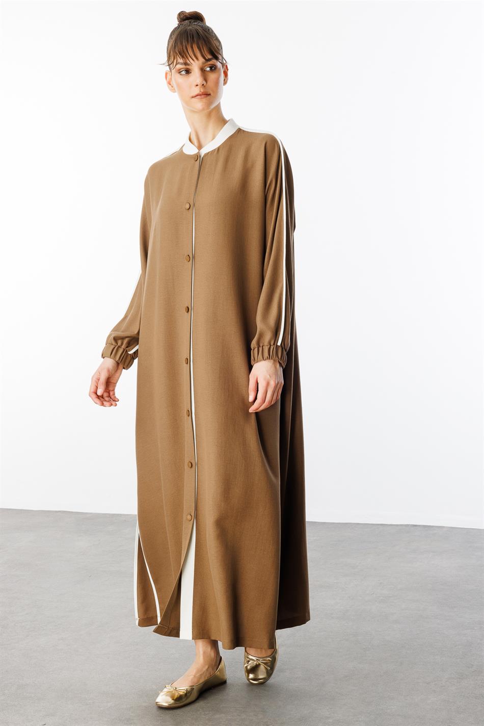 SS Contrast Trim Detail Ribbed Collar Sport Silk Texture Coat/Cafe - Mink