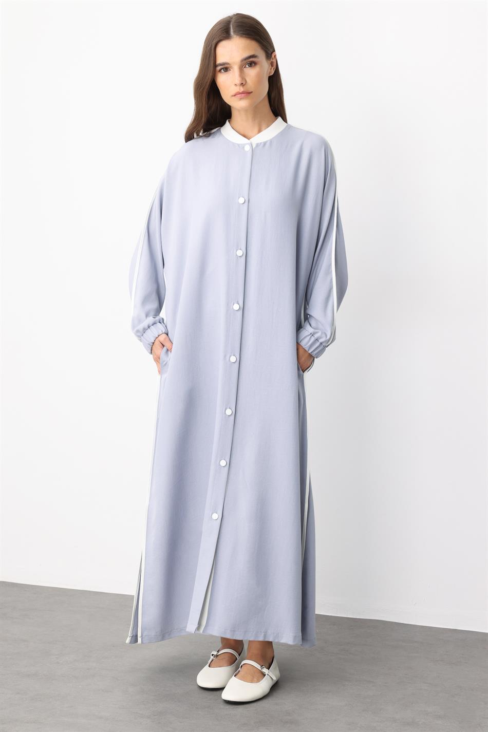 SS Contrast Trim Detail Ribbed Collar Sport Silk Texture Coat/Abayas - Grijs
