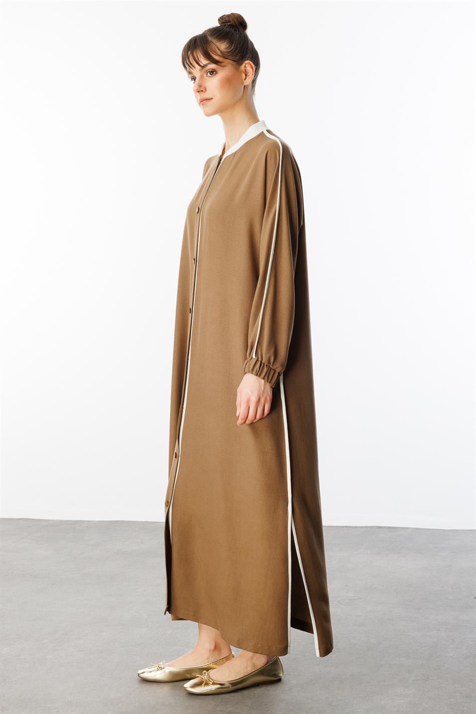 SS Contrast Trim Detail Ribbed Collar Sport Silk Texture Coat/Cafe - Mink