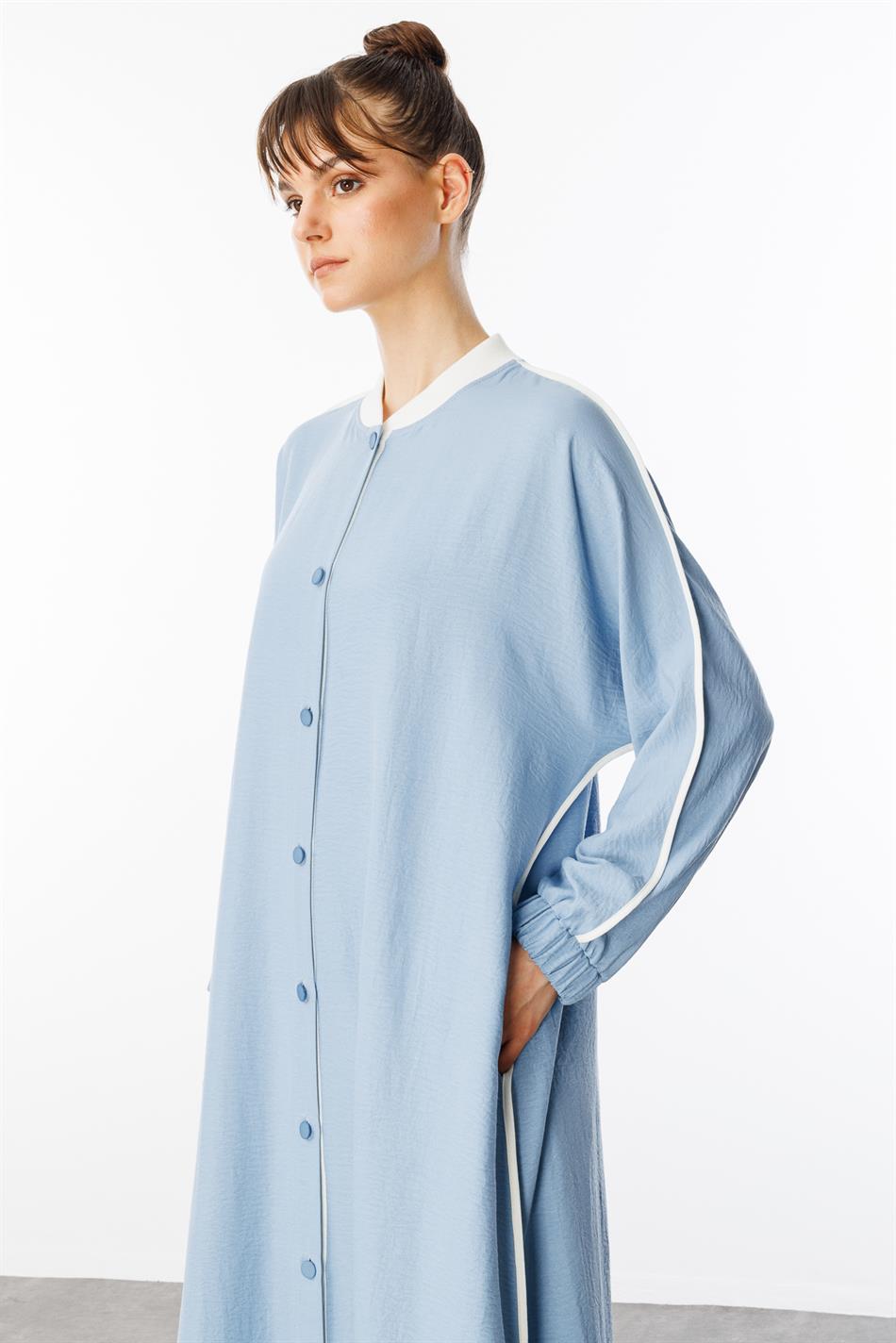 SS Contrasterende biesdetails Geribbelde kraag Sportzijden textuur jas/abaya - Blauw
