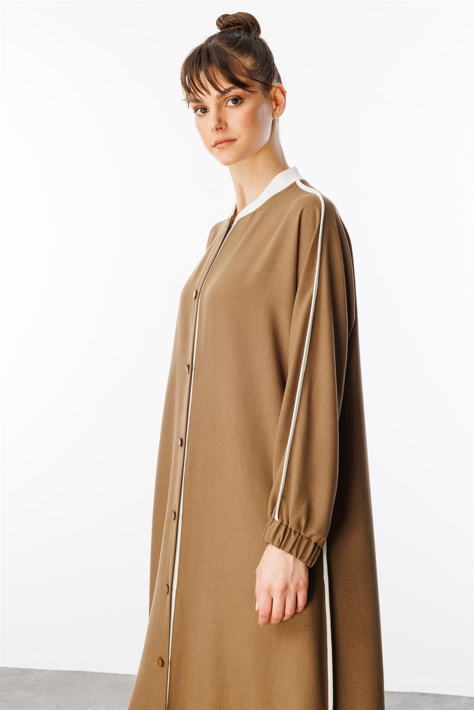 SS Contrast Trim Detail Ribbed Collar Sport Silk Texture Coat/Cafe - Mink