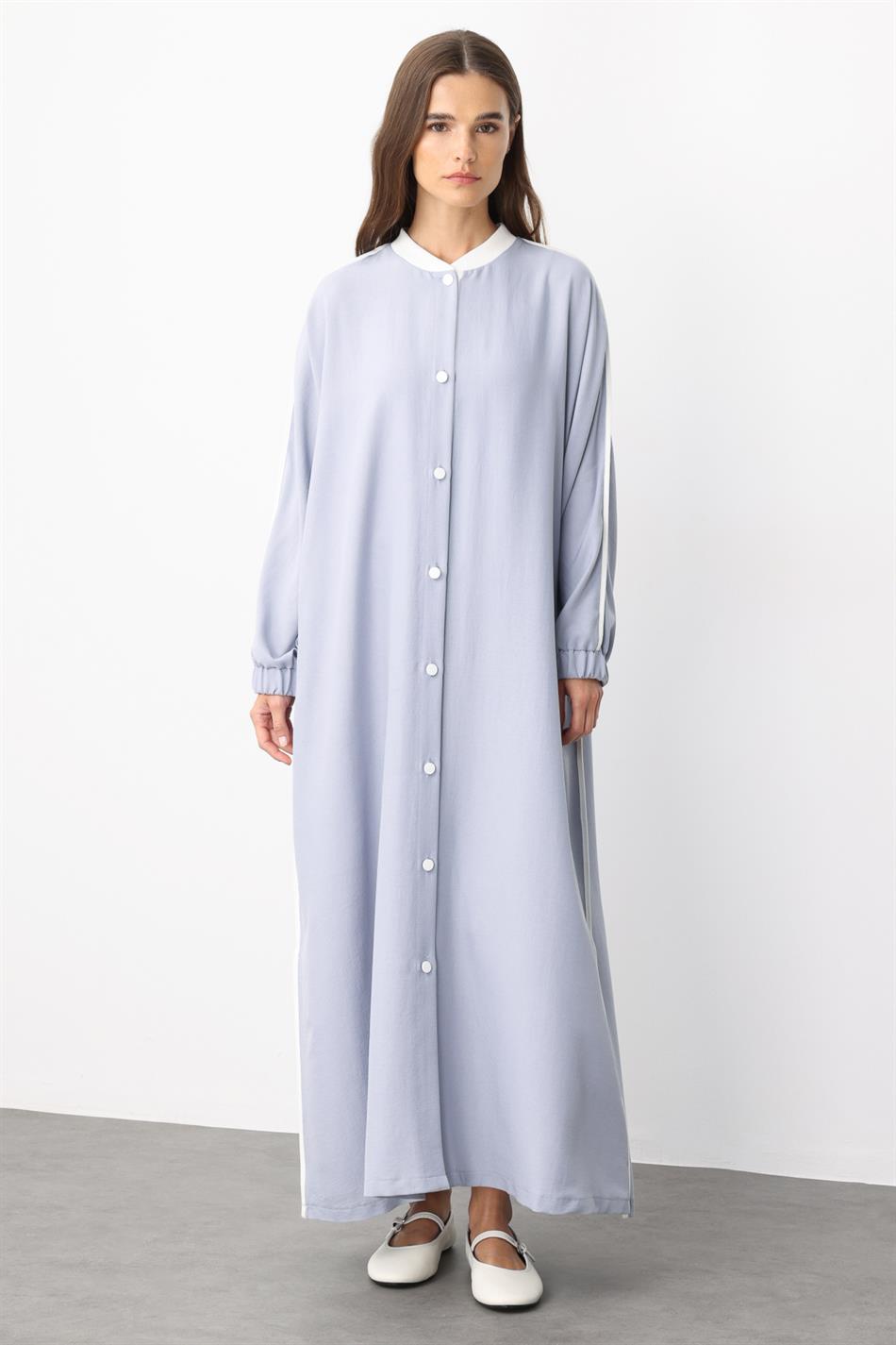 SS Contrast Trim Detail Ribbed Collar Sport Silk Texture Coat/Abayas - Grijs