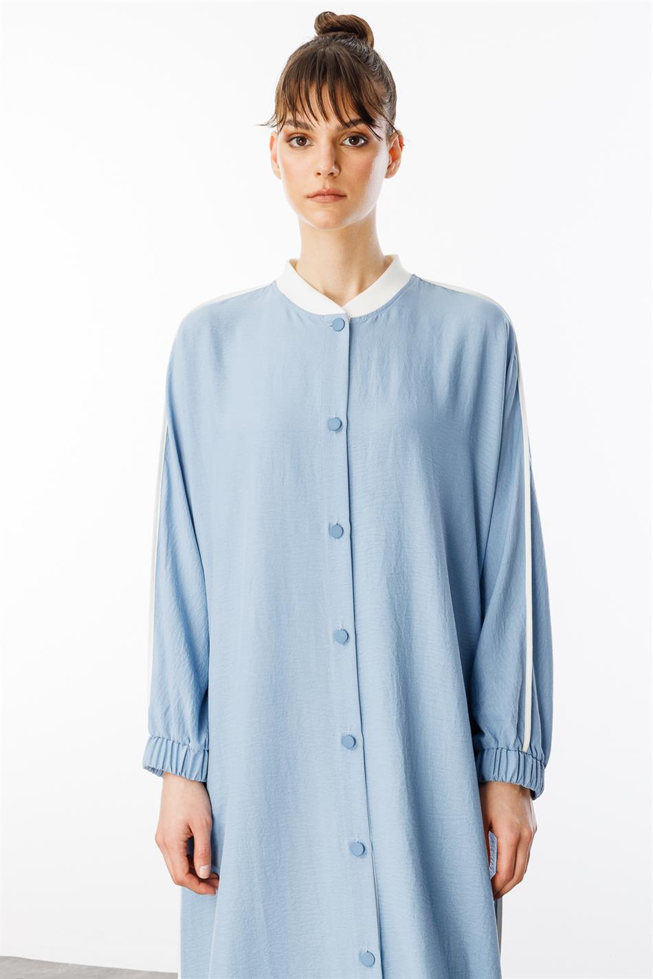 SS Contrasterende biesdetails Geribbelde kraag Sportzijden textuur jas/abaya - Blauw