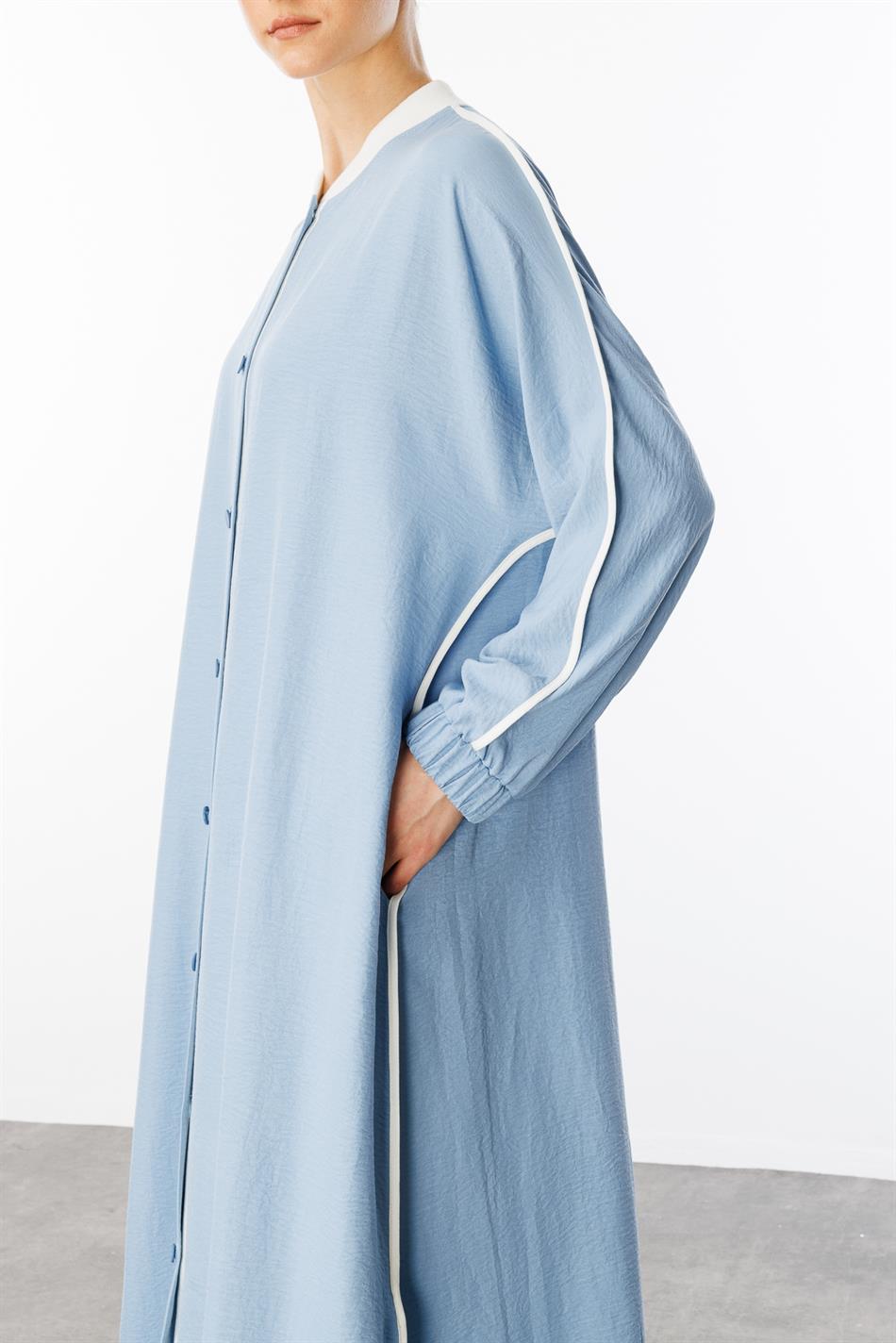 SS Contrasterende biesdetails Geribbelde kraag Sportzijden textuur jas/abaya - Blauw