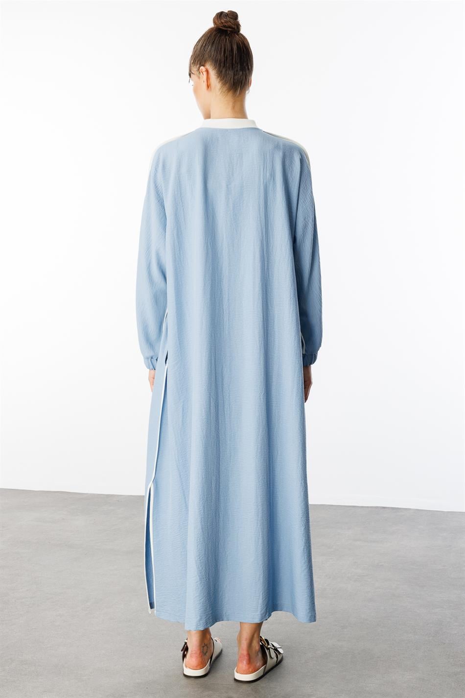SS Contrasterende biesdetails Geribbelde kraag Sportzijden textuur jas/abaya - Blauw