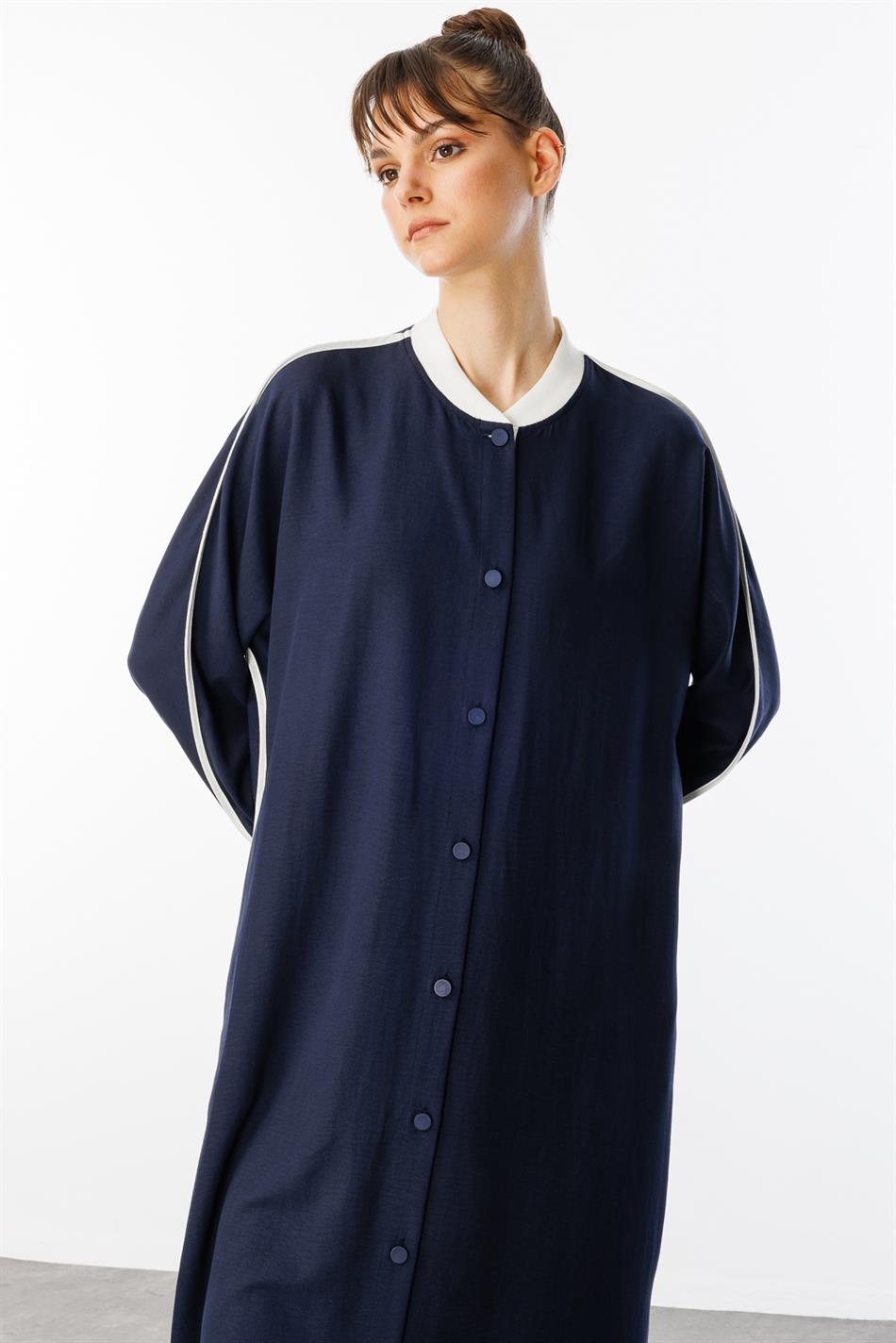 SS Contrast Trim Detail Ribbed Collar Sport Silk Texture Coat/Abayas - Navy