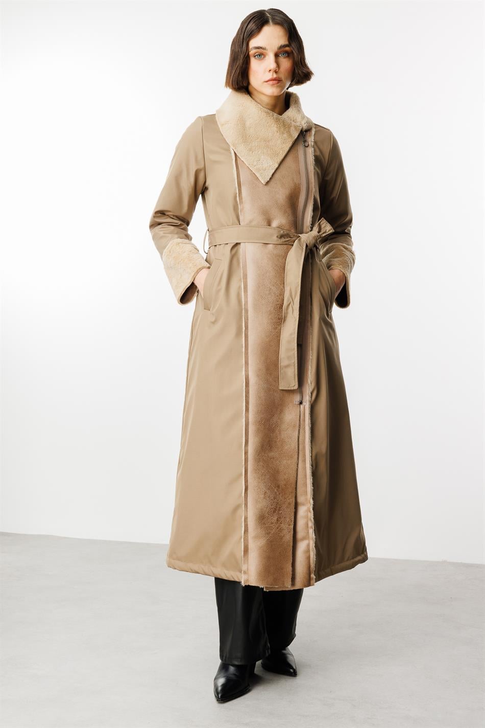 Padded Sport Coat with Faux Leather and Soft Fur Details - Mink