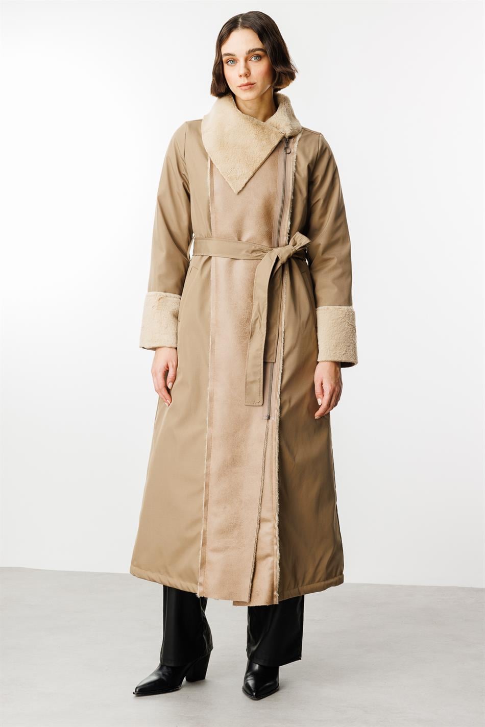 Padded Sport Coat with Faux Leather and Soft Fur Details - Mink
