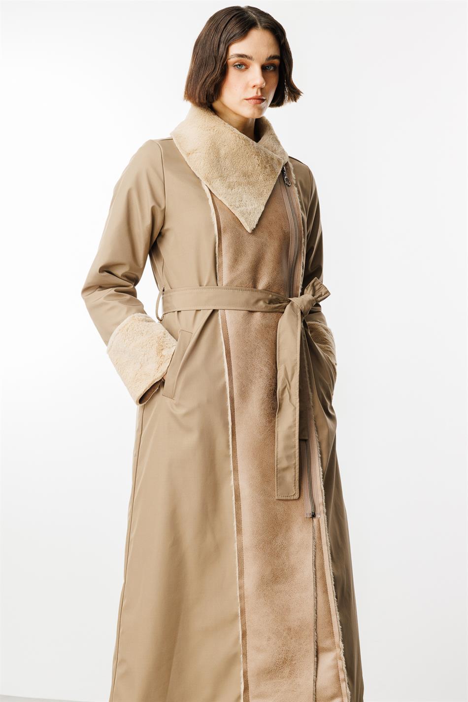 Padded Sport Coat with Faux Leather and Soft Fur Details - Mink