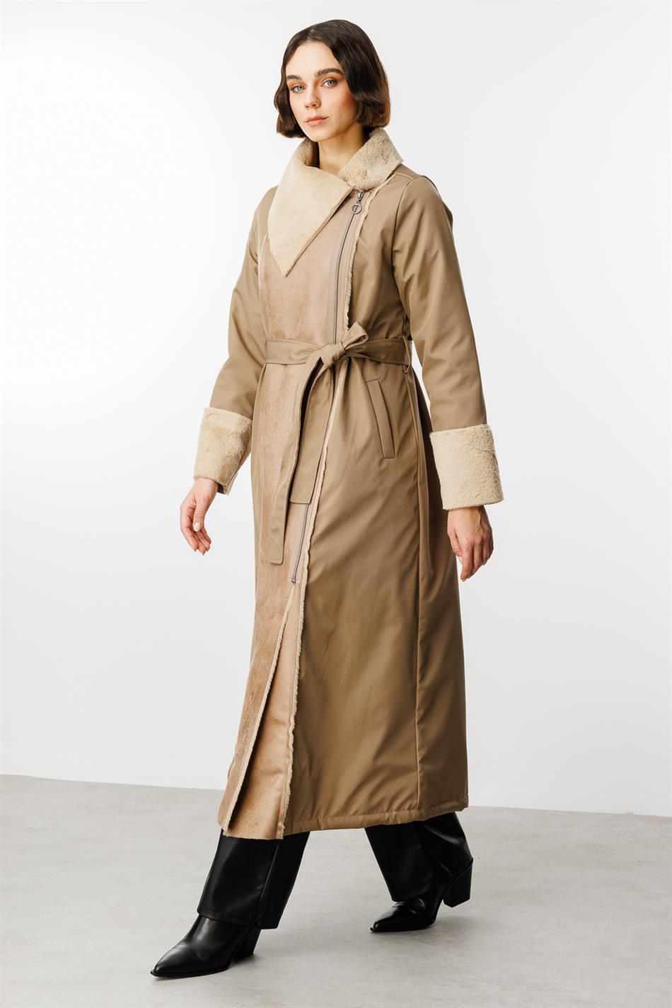 Padded Sport Coat with Faux Leather and Soft Fur Details - Mink