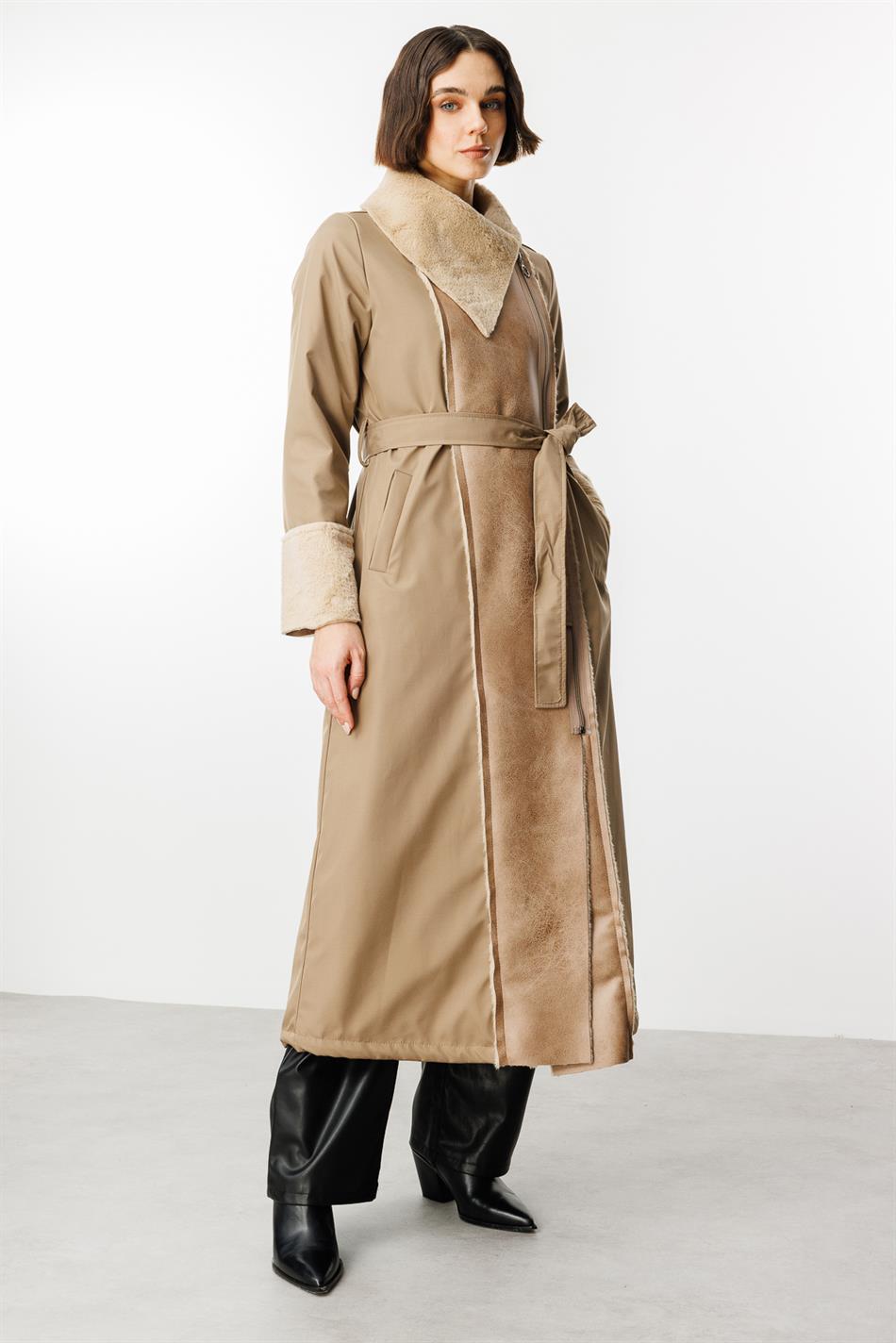 Padded Sport Coat with Faux Leather and Soft Fur Details - Mink