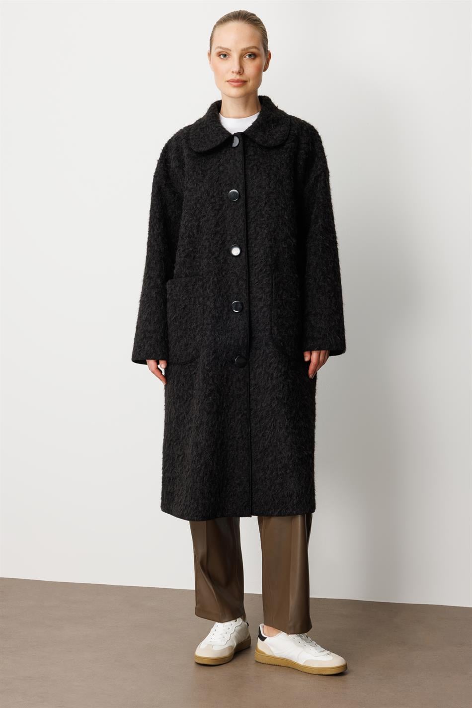 Süßer, ungefütterter, leichter Trenchcoat in Wolloptik (kann als Jacke oder Mantel getragen werden) – Schwarz