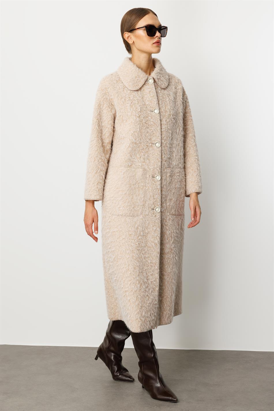 Sweety Yün Görünümlü Astarsız Hafif Kaban Yada Kap Olarak Kullanım Sunan Trench Kaban-Taş