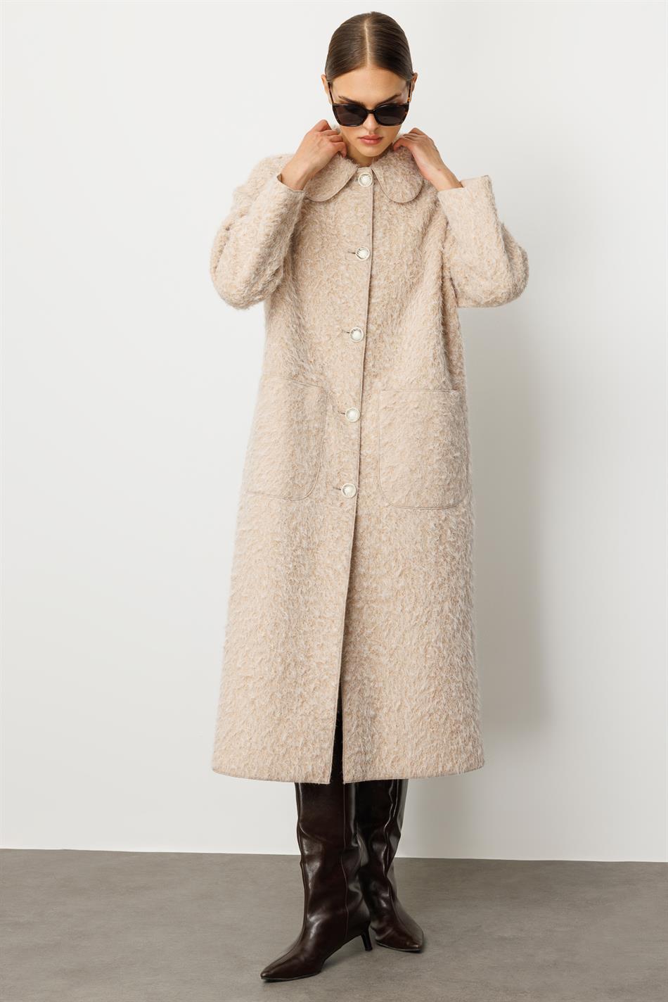 Sweety Yün Görünümlü Astarsız Hafif Kaban Yada Kap Olarak Kullanım Sunan Trench Kaban-Taş