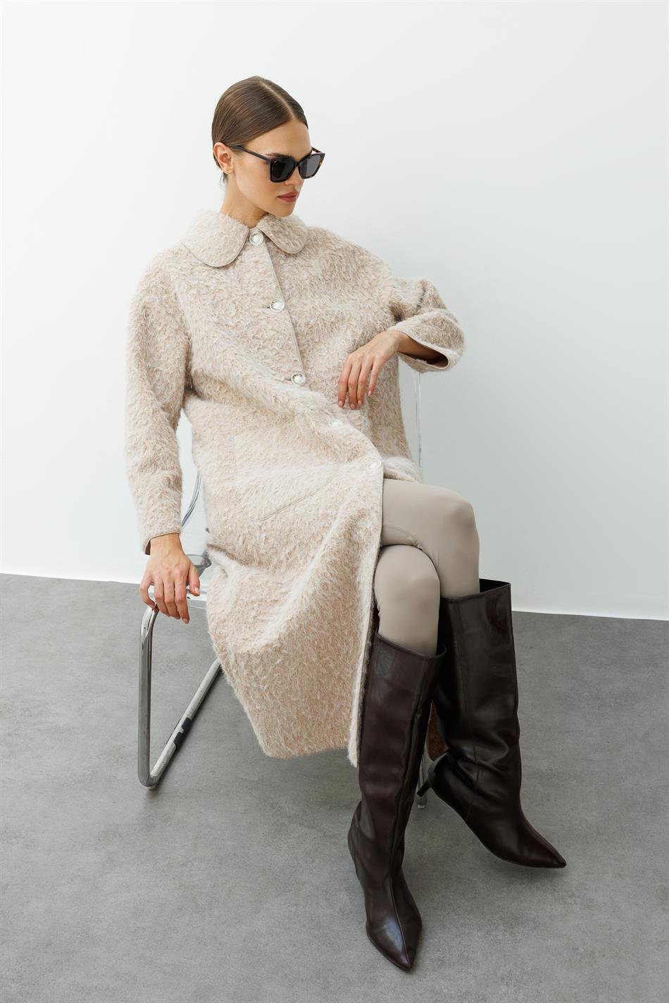 Sweety Yün Görünümlü Astarsız Hafif Kaban Yada Kap Olarak Kullanım Sunan Trench Kaban-Taş