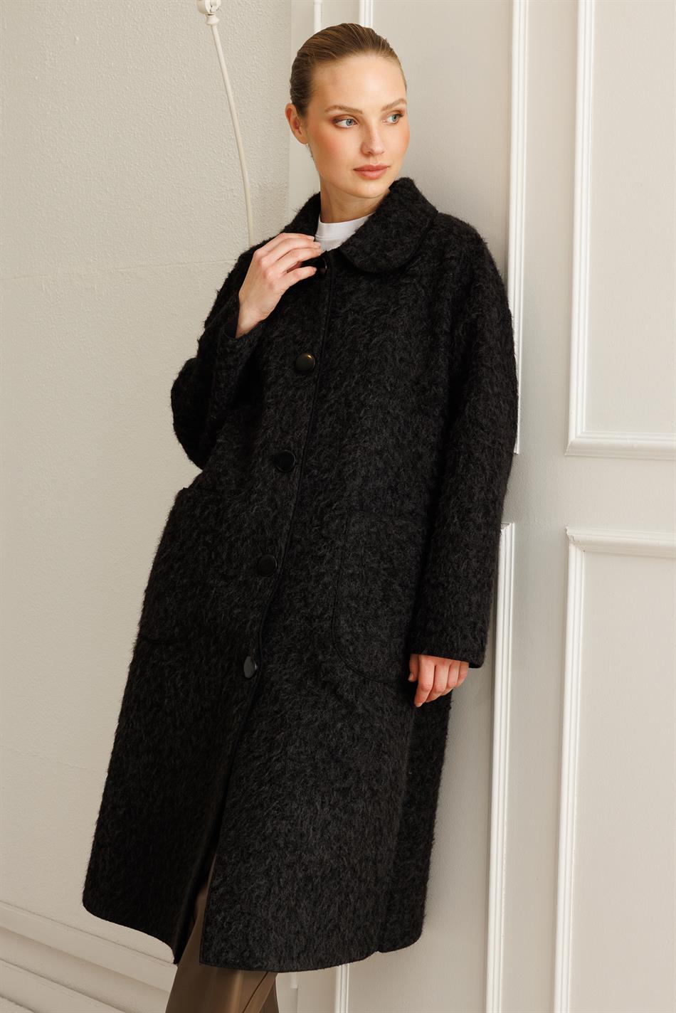 Süßer, ungefütterter, leichter Trenchcoat in Wolloptik (kann als Jacke oder Mantel getragen werden) – Schwarz