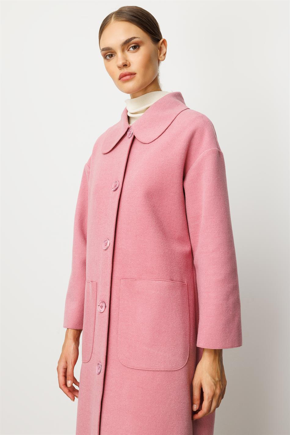 Sweety Yün İçerikli Astarsız Kaban Yada Kap Olarak Kullanım Sunan Trench Kaban-Pembe