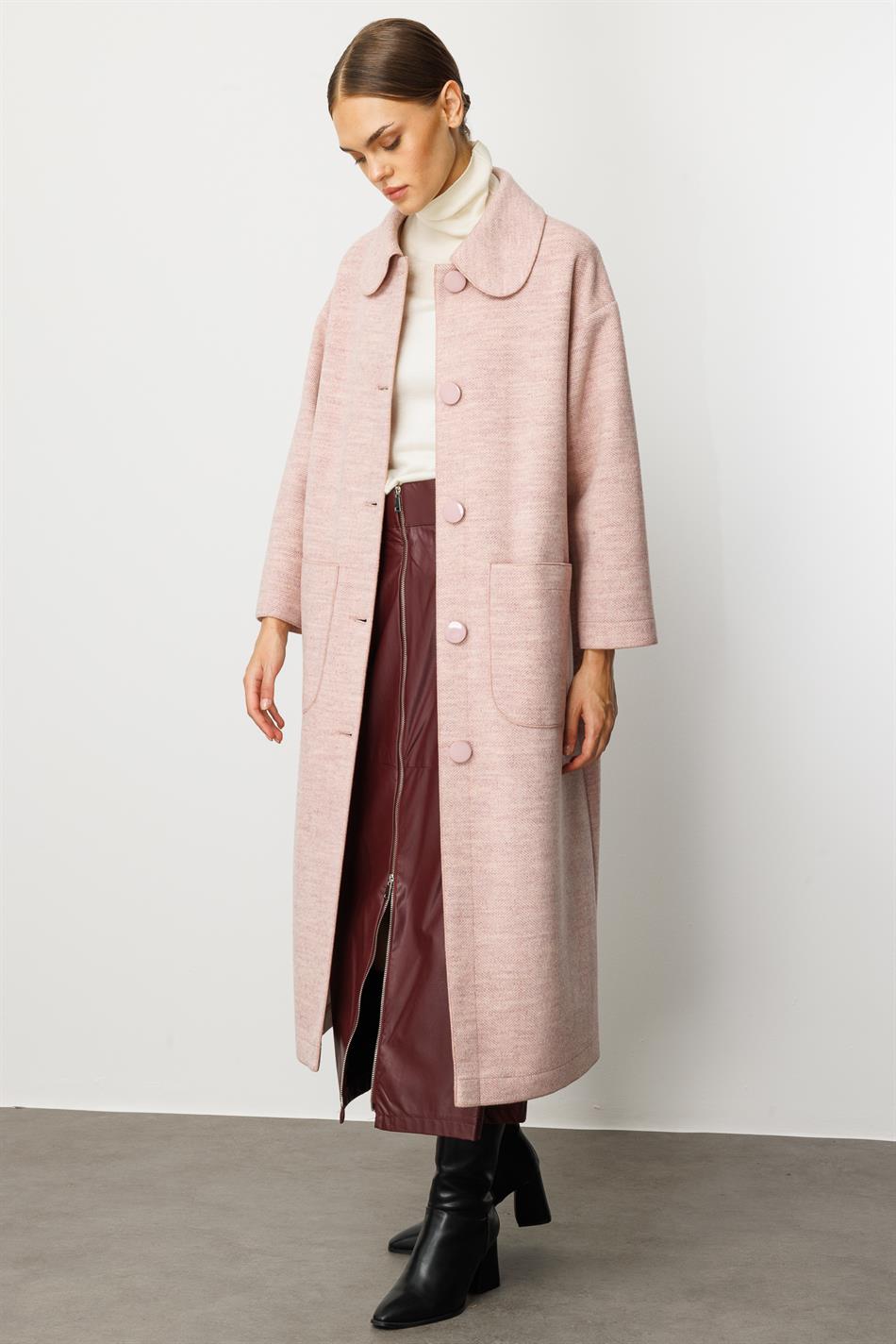 Sweety Yün İçerikli Astarsız Kaban yada Kap Olarak Kullanım Sunan Trench Kaban-Pudra