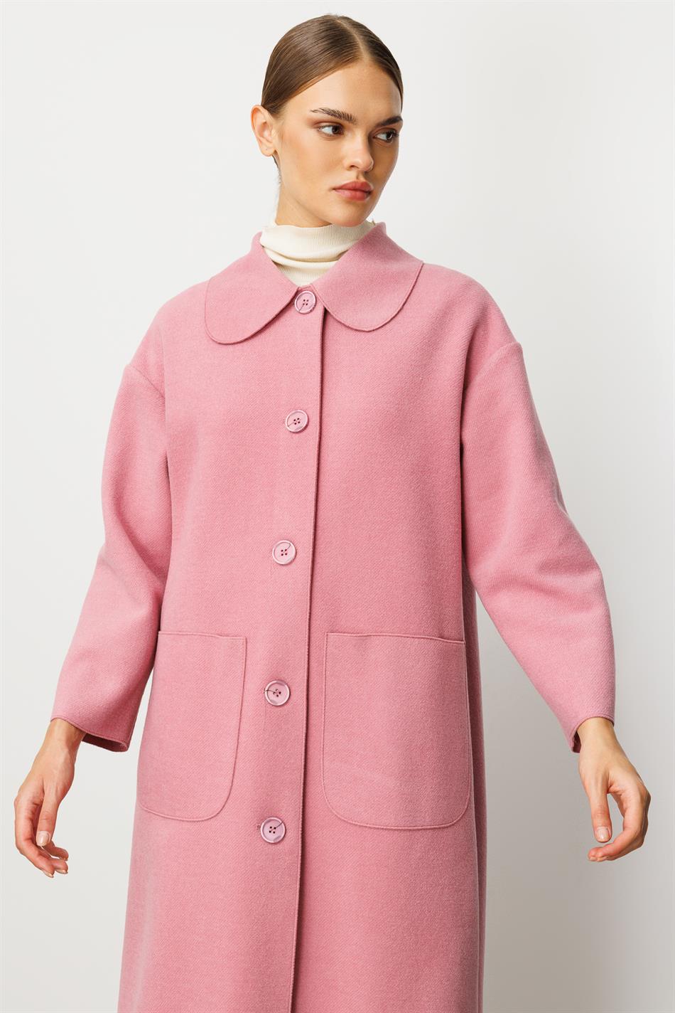 Sweety Yün İçerikli Astarsız Kaban Yada Kap Olarak Kullanım Sunan Trench Kaban-Pembe