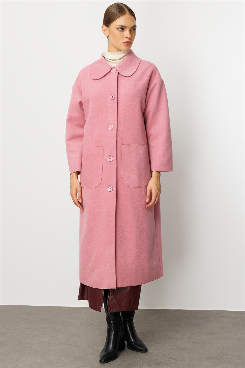 Sweety Yün İçerikli Astarsız Kaban Yada Kap Olarak Kullanım Sunan Trench Kaban-Pembe