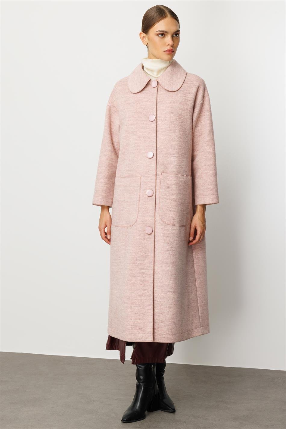 Sweety Yün İçerikli Astarsız Kaban yada Kap Olarak Kullanım Sunan Trench Kaban-Pudra