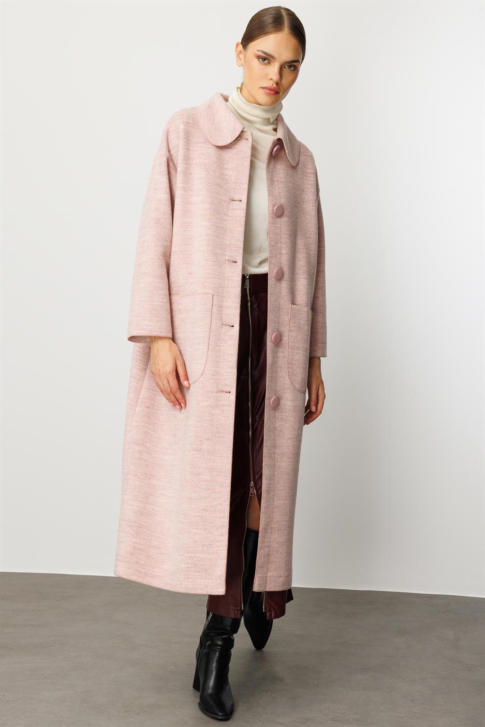 Sweety Yün İçerikli Astarsız Kaban yada Kap Olarak Kullanım Sunan Trench Kaban-Pudra