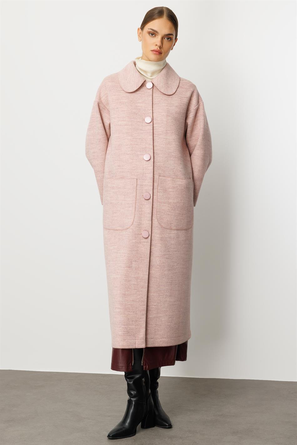 Sweety Yün İçerikli Astarsız Kaban yada Kap Olarak Kullanım Sunan Trench Kaban-Pudra
