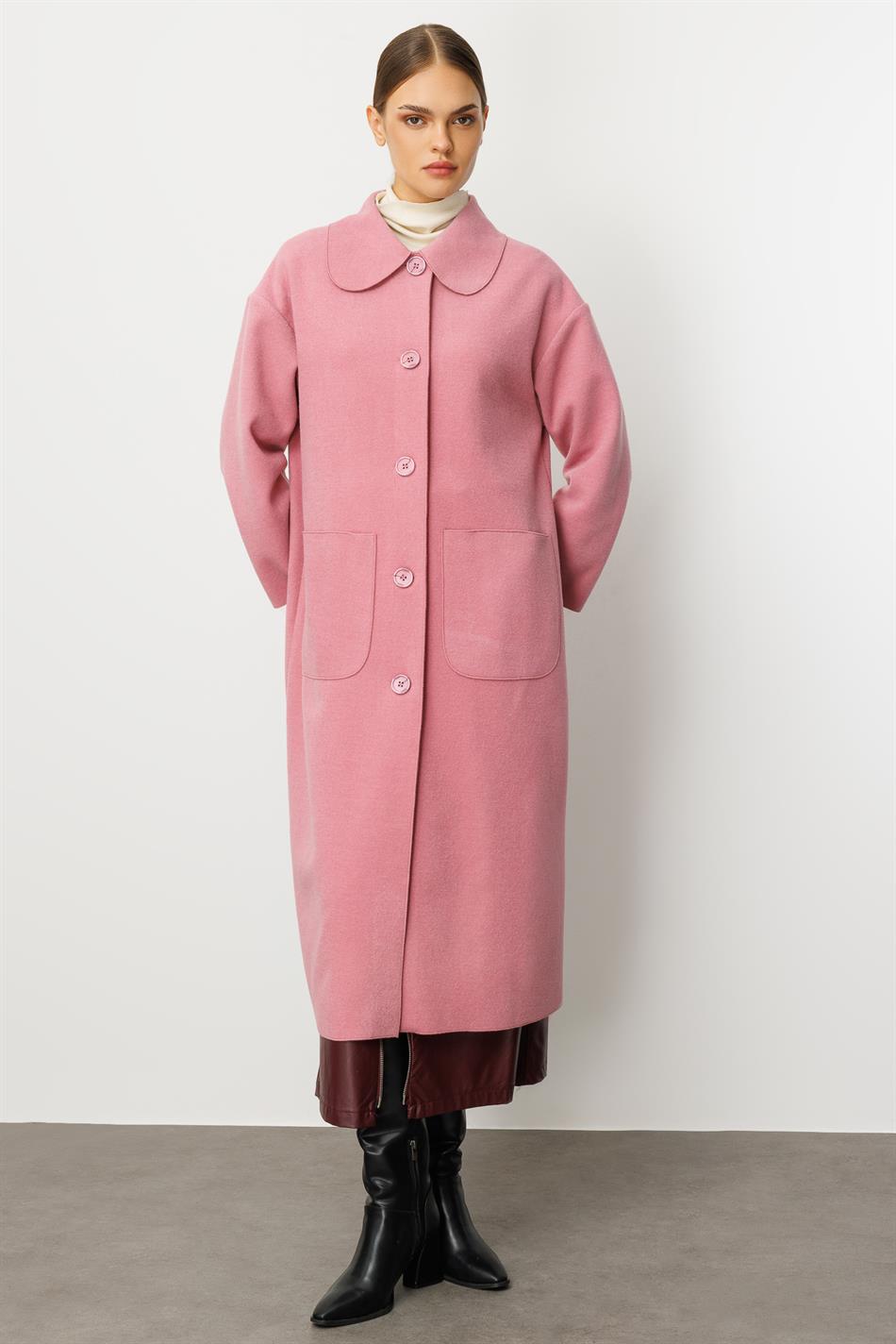 Sweety Yün İçerikli Astarsız Kaban Yada Kap Olarak Kullanım Sunan Trench Kaban-Pembe