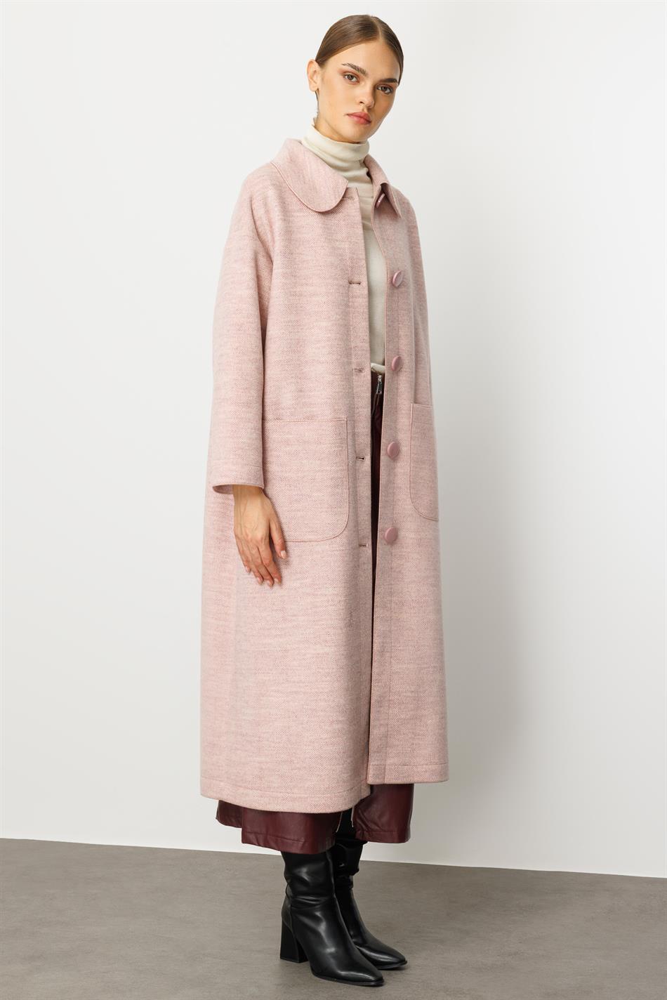 Sweety Yün İçerikli Astarsız Kaban yada Kap Olarak Kullanım Sunan Trench Kaban-Pudra