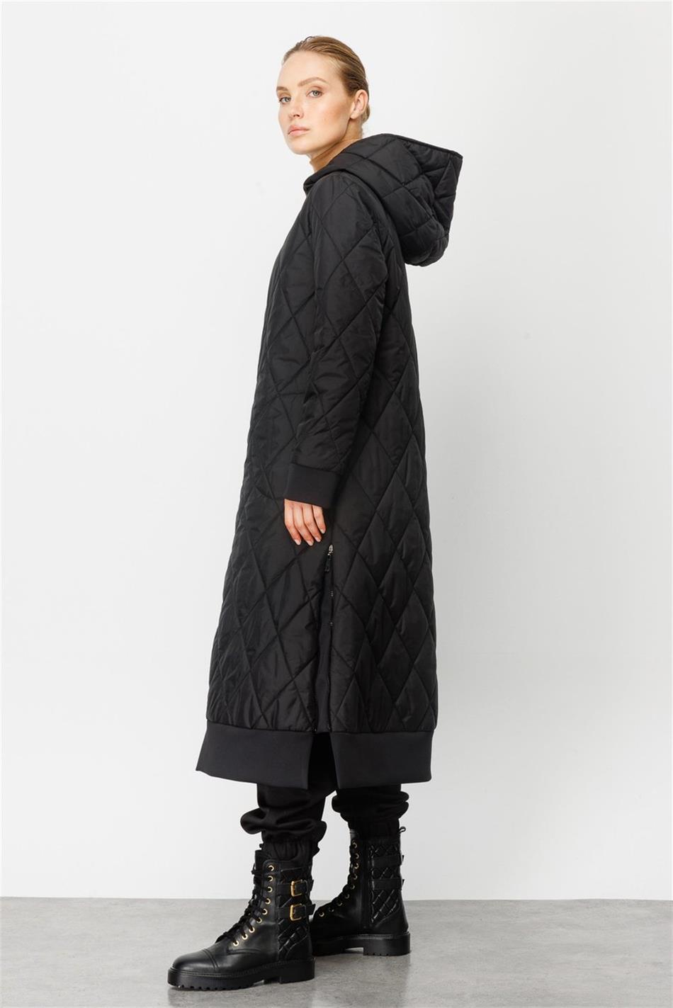 Tona Ton Bant Detaylı Kapitone Dolgu Spor Manto Kaban-Siyah