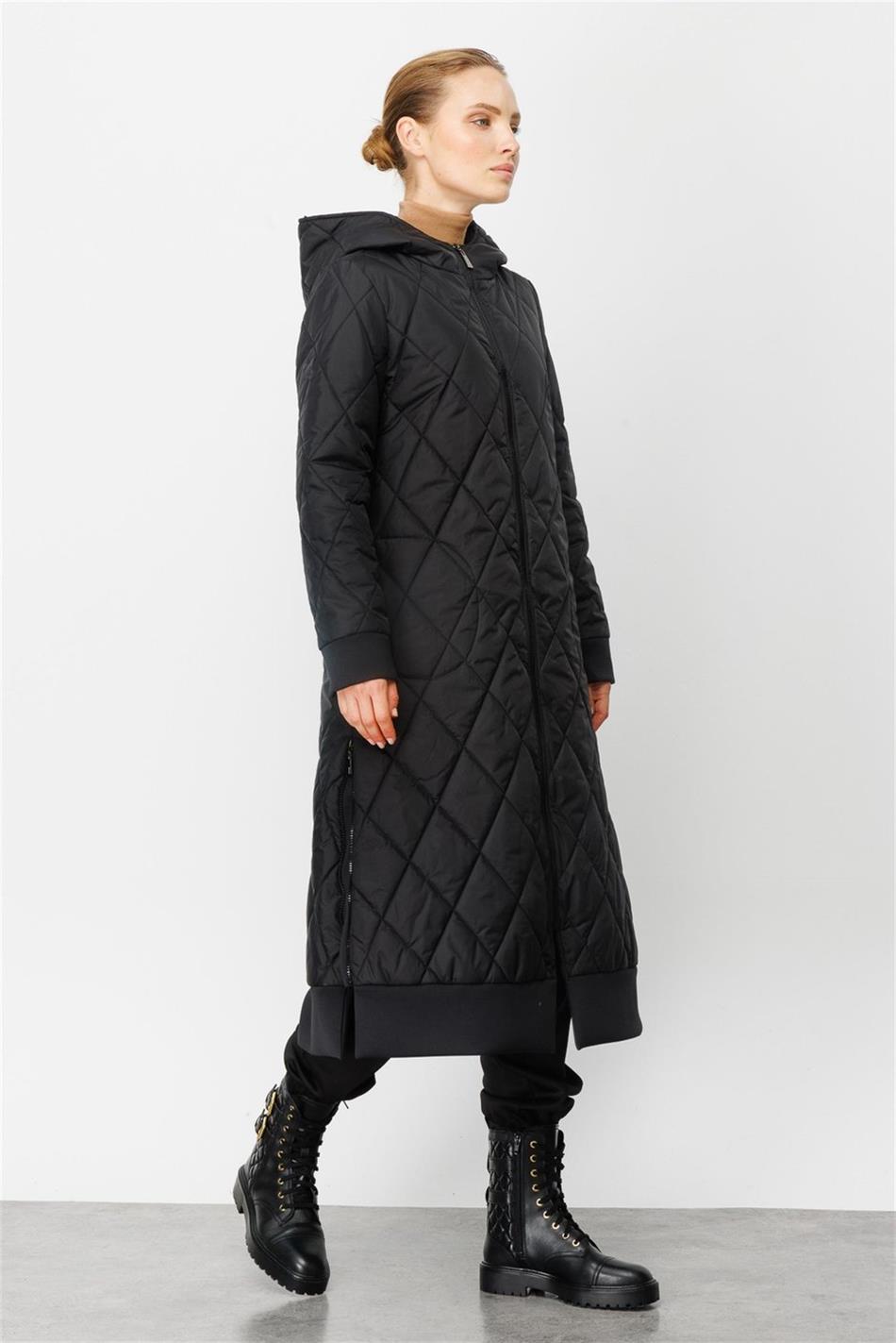 Tona Ton Bant Detaylı Kapitone Dolgu Spor Manto Kaban-Siyah