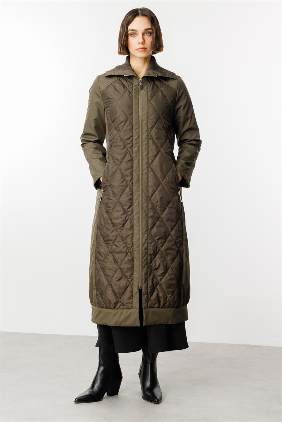 Örgü Yaxalıqlı Detallı Sırınmış Yastıqlı Palto - Xaki