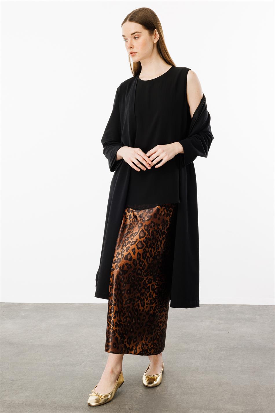 Trio gebreid vest met chiffon afwerking en rok met luipaardprint - 2-delige set - Zwart