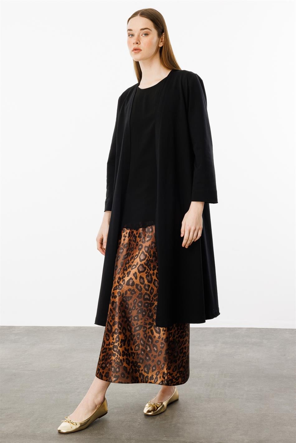 Trio gebreid vest met chiffon afwerking en rok met luipaardprint - 2-delige set - Zwart