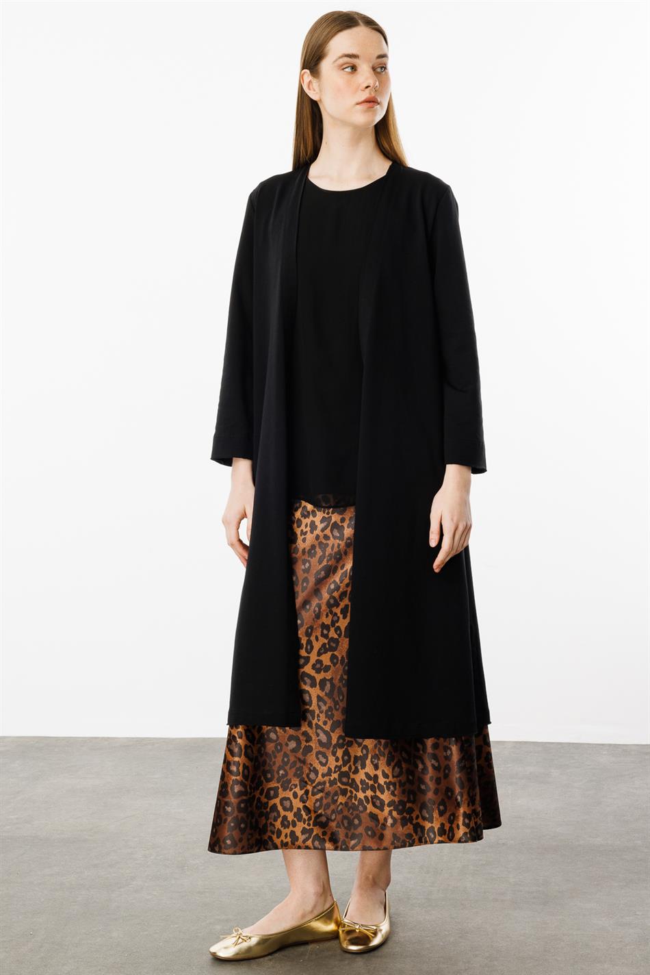 Trio gebreid vest met chiffon afwerking en rok met luipaardprint - 2-delige set - Zwart