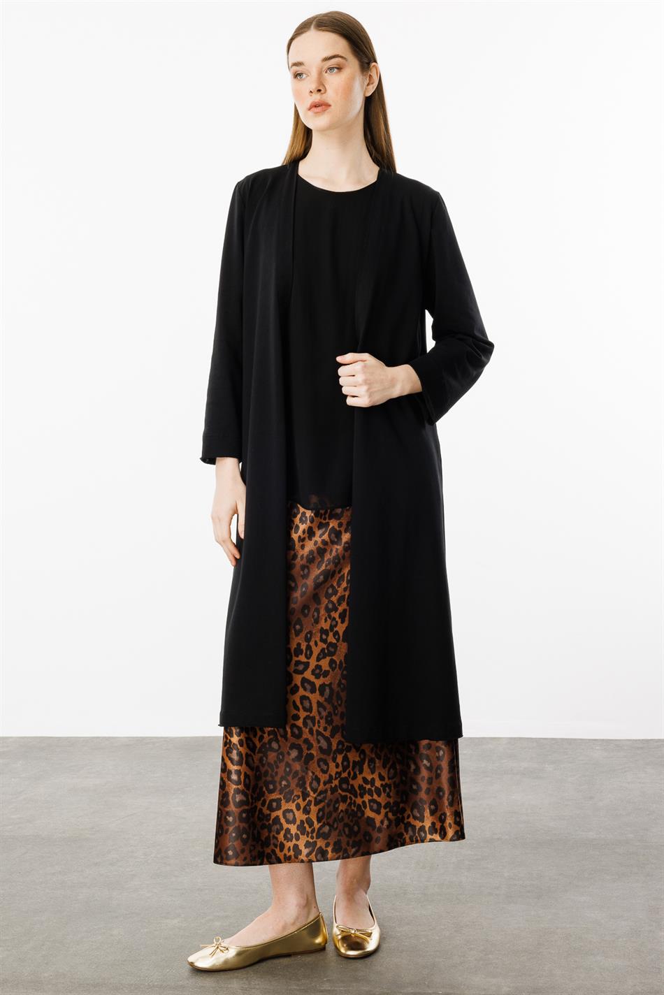 Trio gebreid vest met chiffon afwerking en rok met luipaardprint - 2-delige set - Zwart