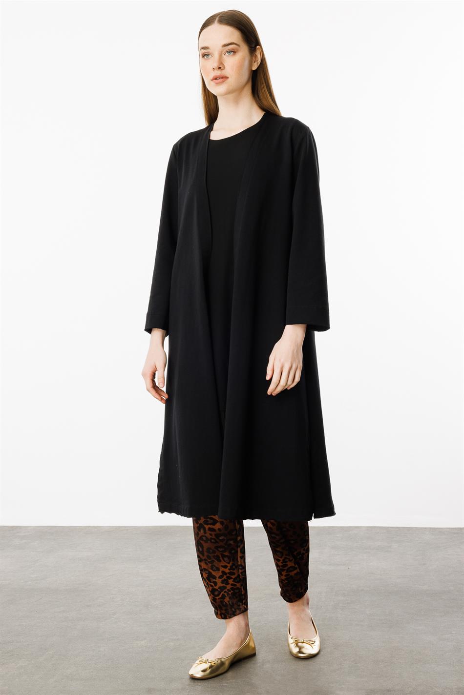 Trio gebreid vest met chiffon afwerking en broek met luipaardprint - 2-delige set - Zwart