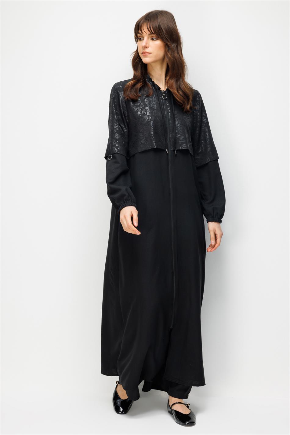 TULIP Özel Desen Soft Kumaş Aller Üst Beden ve Düz İpekçe Garni Alt Beden Zamansız Kap Ferace-Siyah