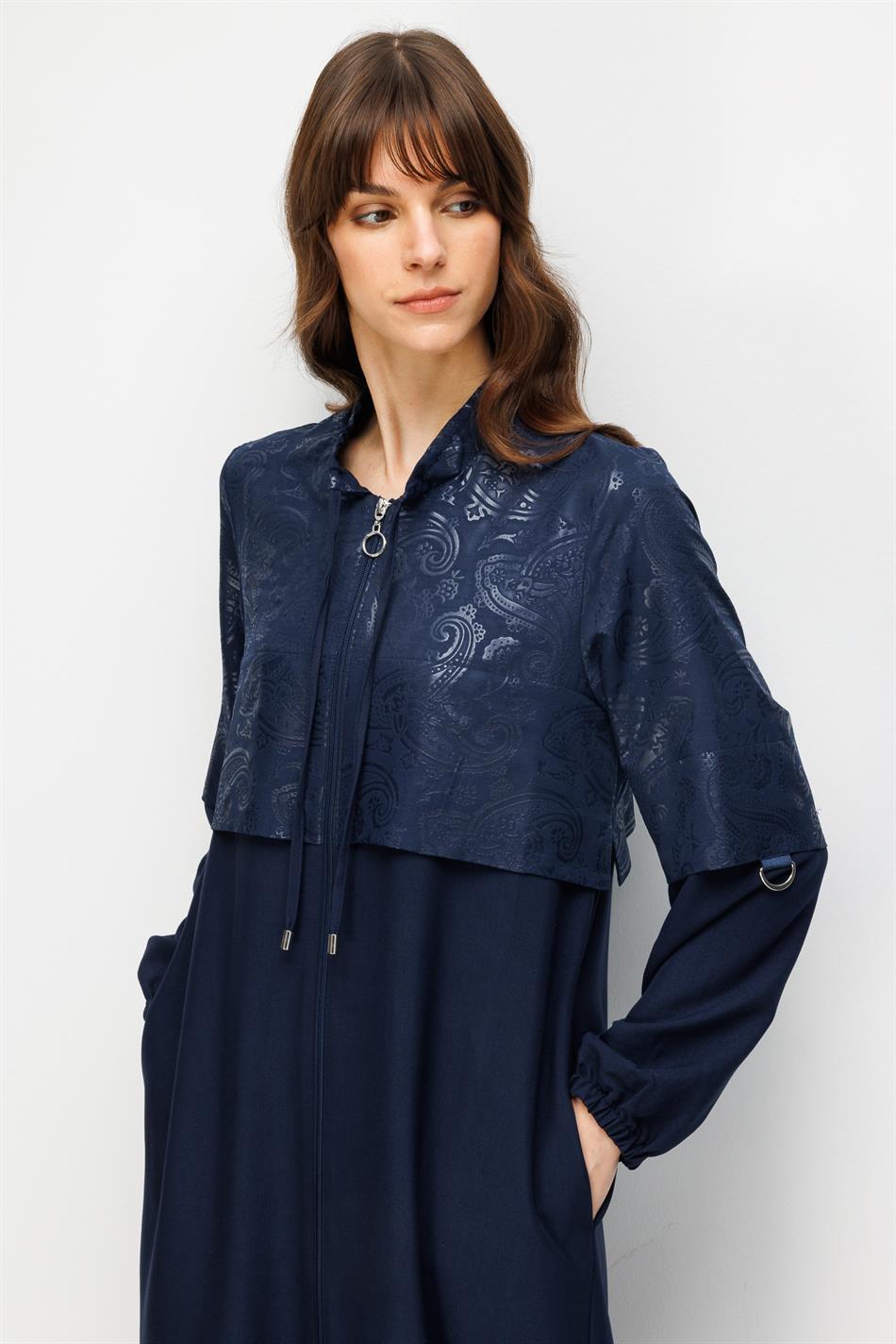 TULIP Özel Desen Soft Kumaş Aller Üst Beden ve Düz İpekçe Garni Alt Beden Zamansız Kap Ferace-Laci