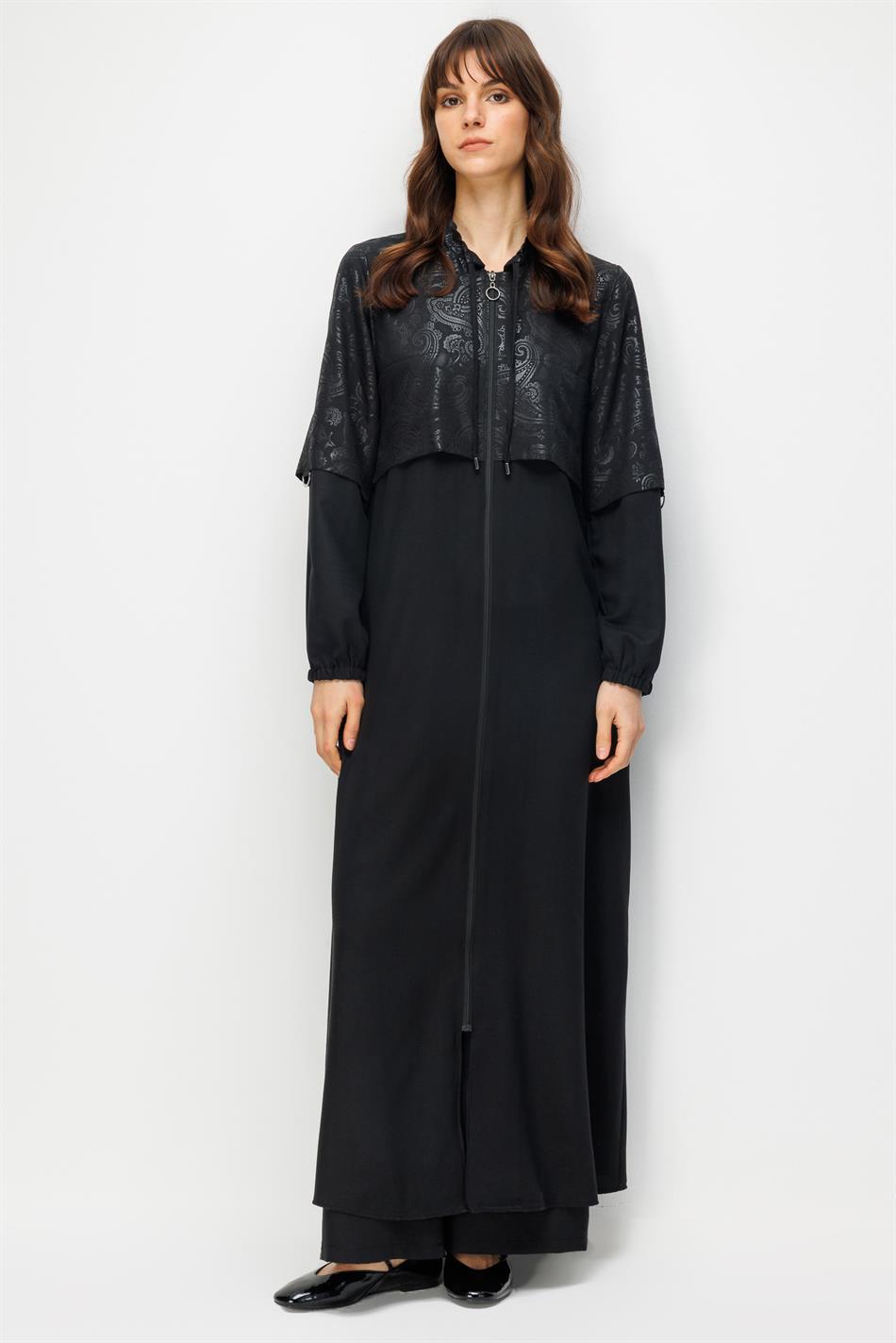 TULIP Özel Desen Soft Kumaş Aller Üst Beden ve Düz İpekçe Garni Alt Beden Zamansız Kap Ferace-Siyah