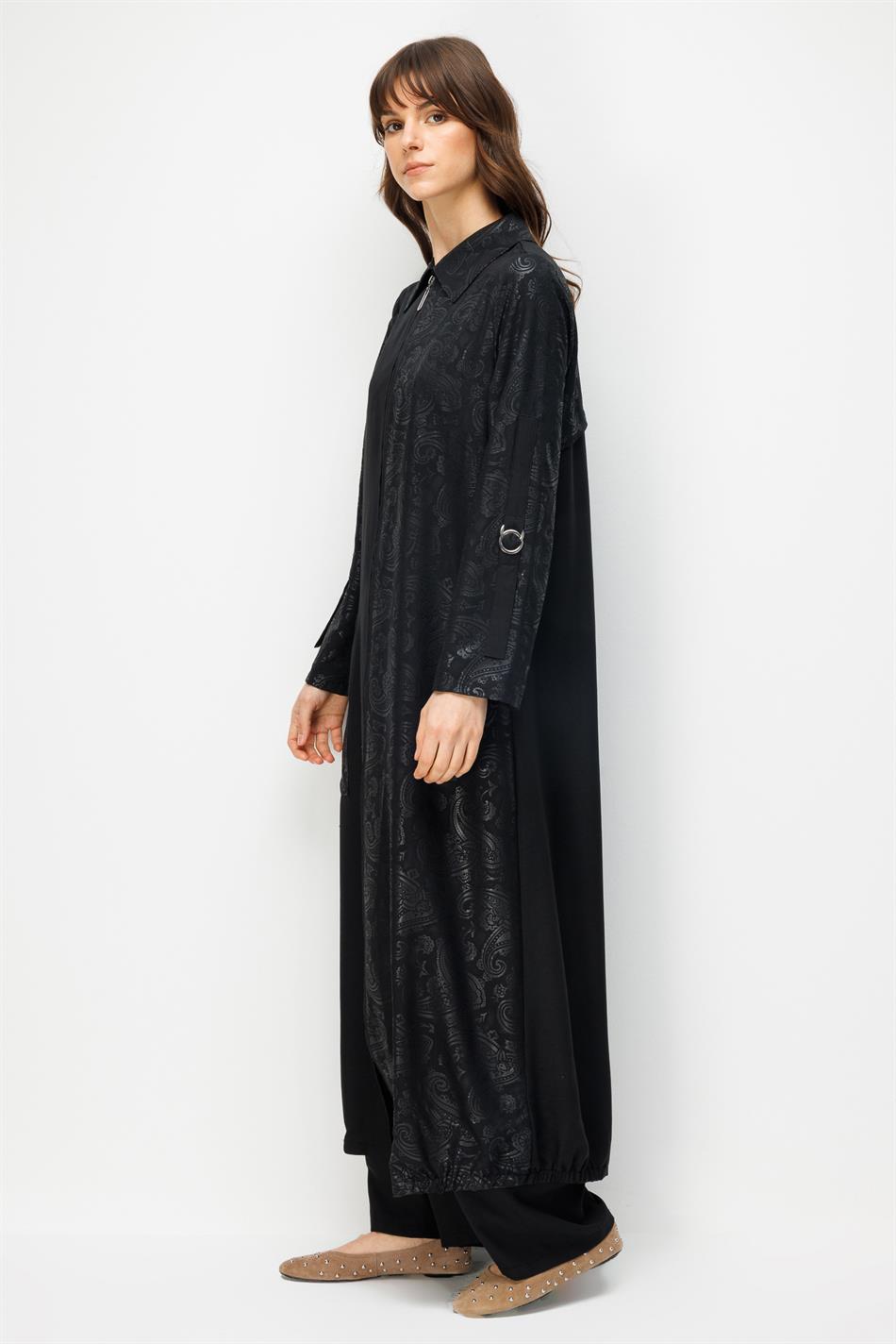 TULIP Özel Desen Soft Kumaş ve İpekçe Garnili Cep Detaylı Zamansız Kap Ferace-Siyah