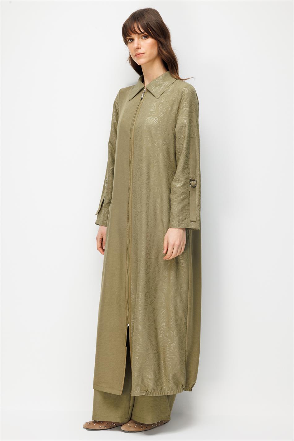 TULIP Özel Desen Soft Kumaş ve İpekçe Garnili Cep Detaylı Zamansız Kap Ferace-Haki