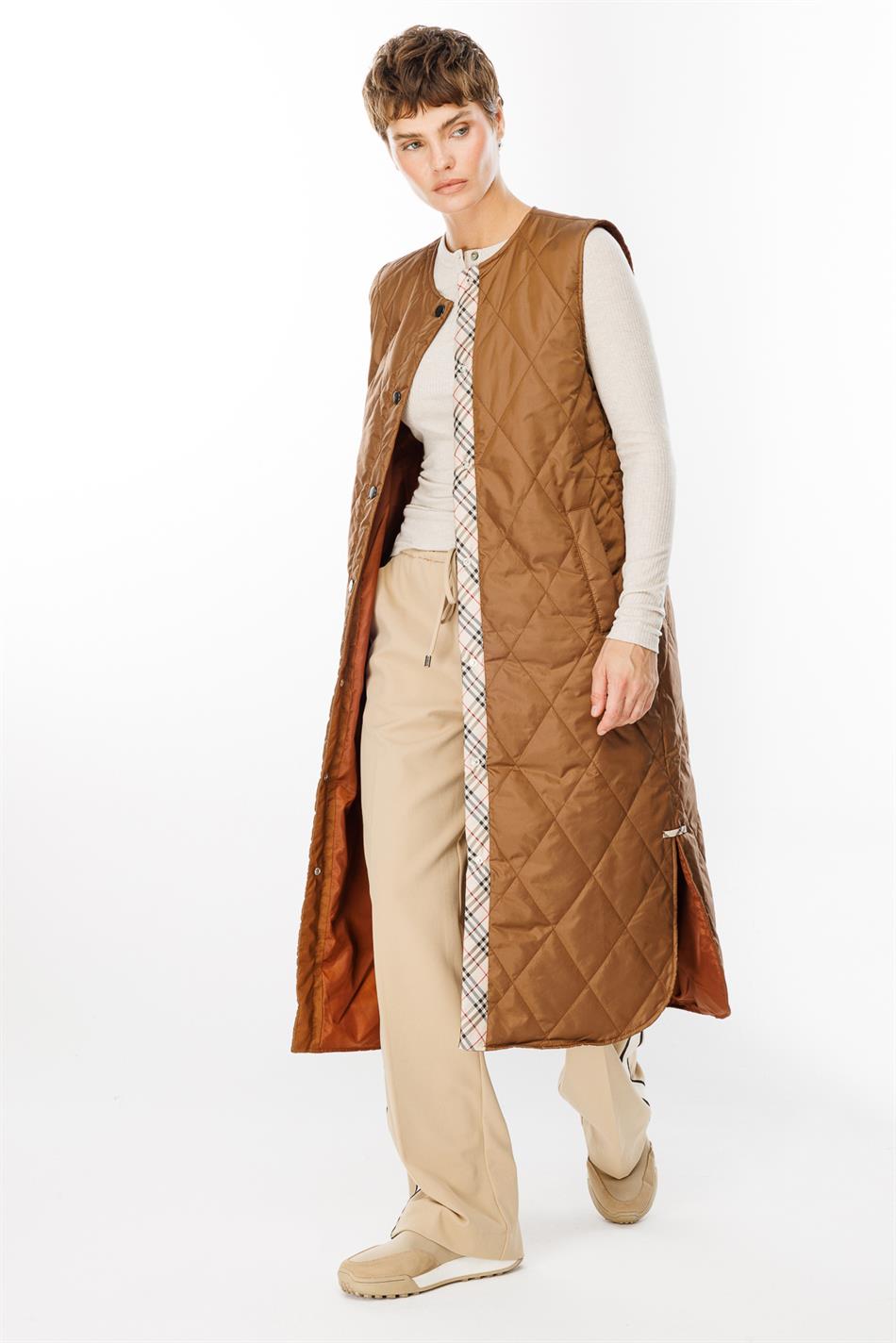 Unikal 24 Garni Detallı Sırtılmış Uzun Hər Zamanlı İdman Jileti - Earth Tone